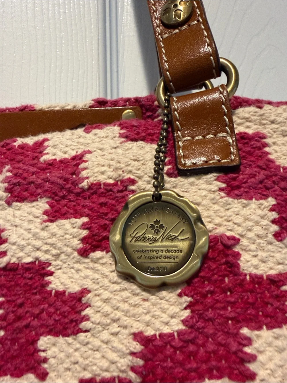 Patricia Nash Raspberry and Cream Woven Tote with Leather Trim and Medallion